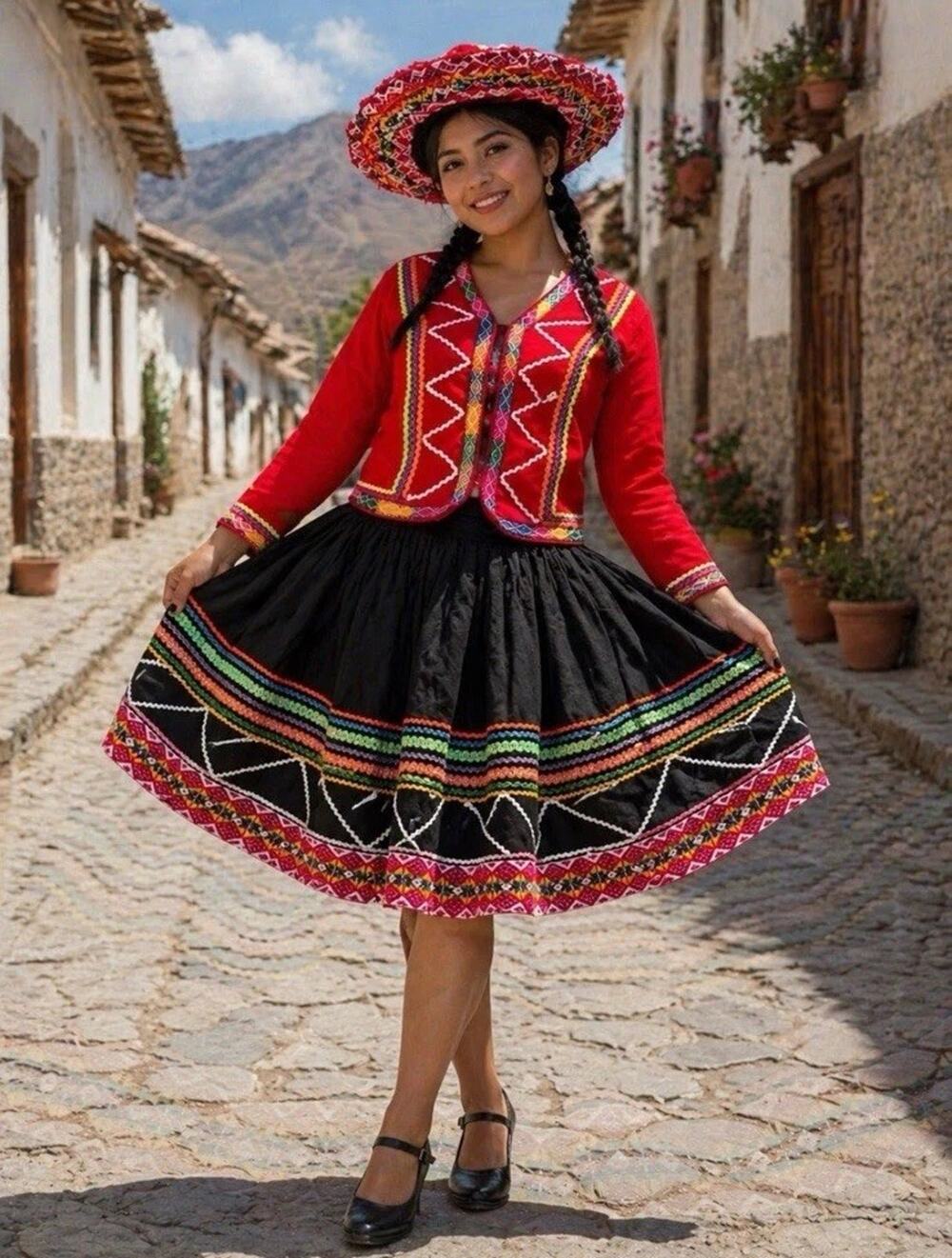 Traditional Outfit Set S/M Authentic Peruvian Handmade Vest -Skirt -Hat